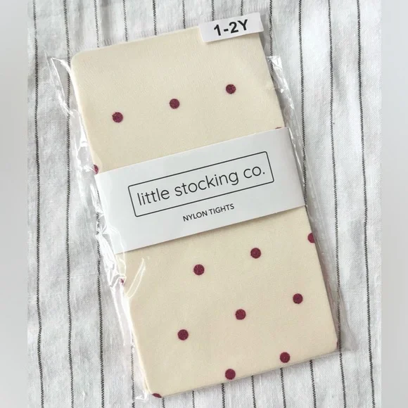 Little Stocking Co. sparkle dot nylon tights in vanilla and crimson dot 1-2 yrs - Picture 2 of 4